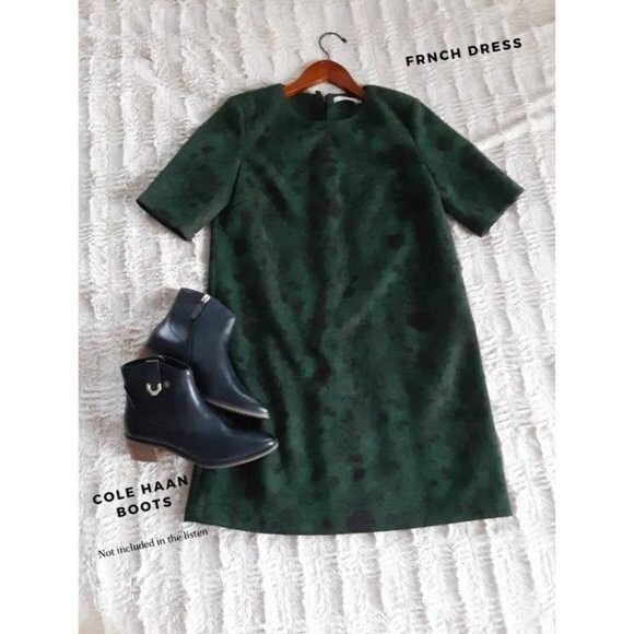 FRNCH Dark Green Floral Faux Suede Mini Dress Short Sleeve Size S - Picture 6 of 8